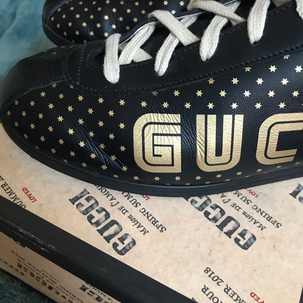 Gucci Guccy Falacer Sneaker Black Gold Stars Shoes